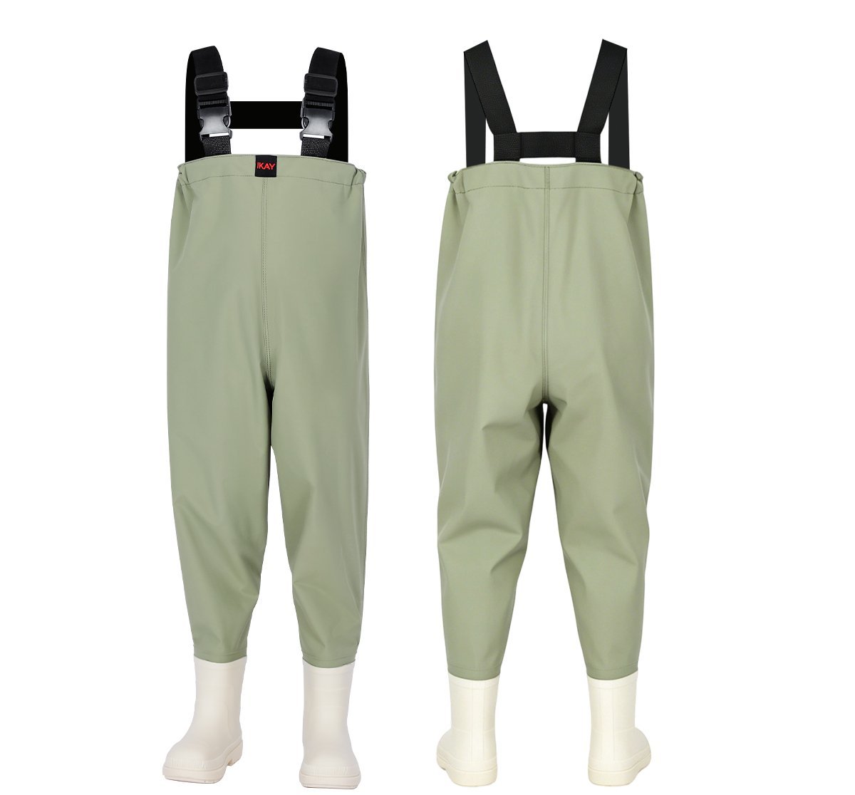 Kwavel kids taslan chest waders in sage green, lightweight waterproof waders with boots for children
