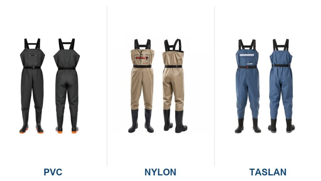 PVC vs nylon waders material comparison — PVC, nylon and Taslan chest waders side by side